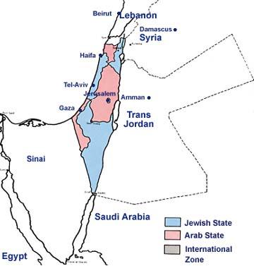 Карта раздела мандатной Палестины по резолюции ООН 1947 года с сайта Сохнута